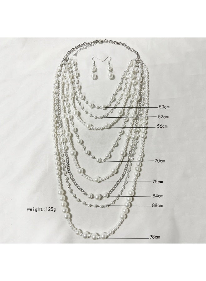 French Elegant Multi-Layered Pearl Necklace & Earrings Set for Women, Long Choker Jewelry, Perfect for Wedding Evening Party - Image 2